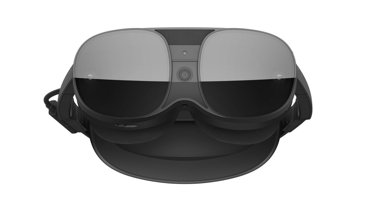 Hovering HTC Vive XR Elite, seen from the front.