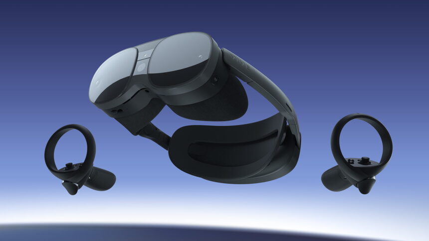 Hovering HTC Vive XR Elite from diagonal below with controllers.
