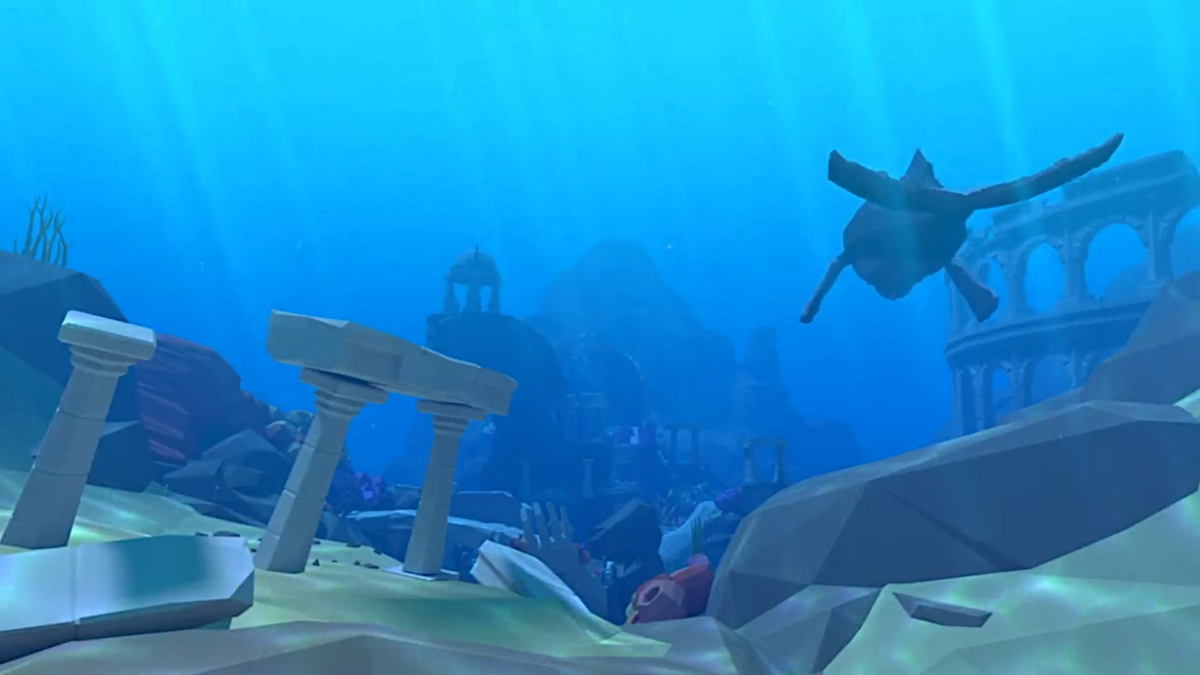 A large whale swims past sunken domed buildings and a large theater.