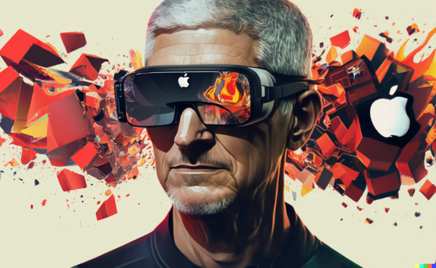 Illustration of Apple CEO Tim Cook wearing XR headset.
