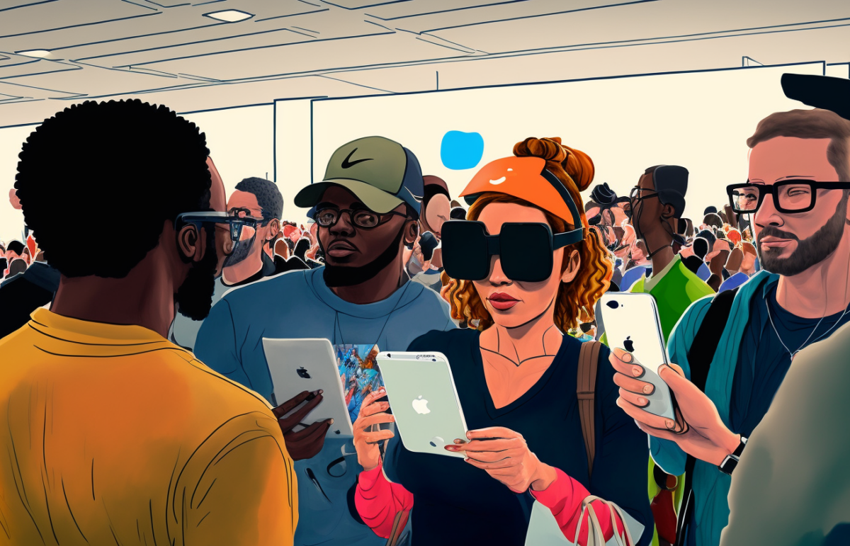 A comic version of people in an Apple store trying out Apples new XR headset