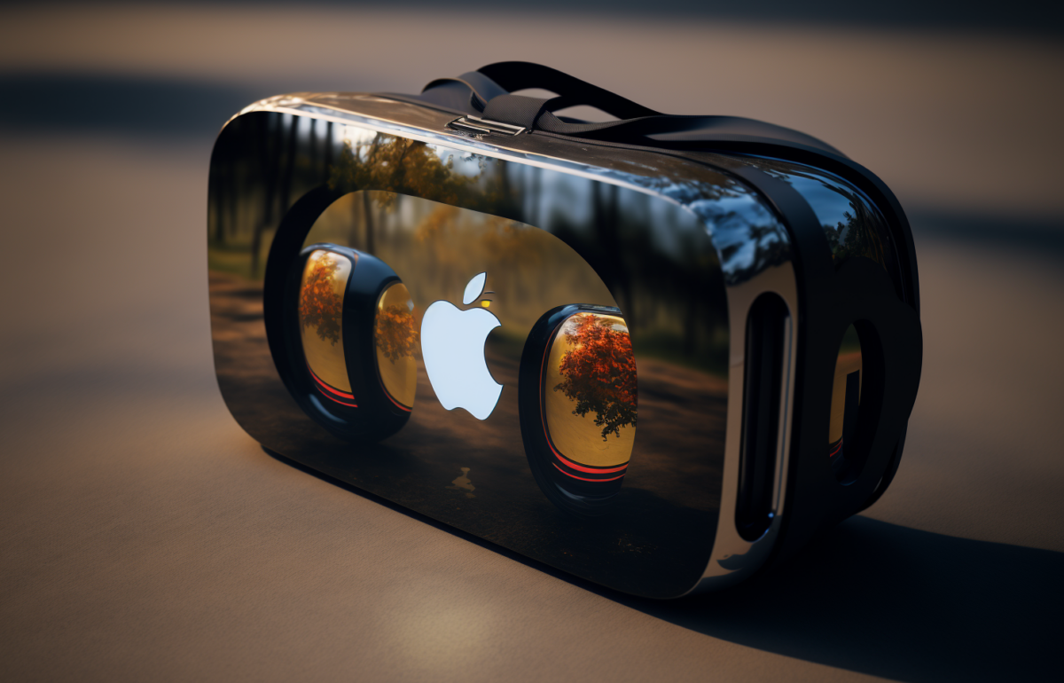 A black VR headset with an Apple Logo