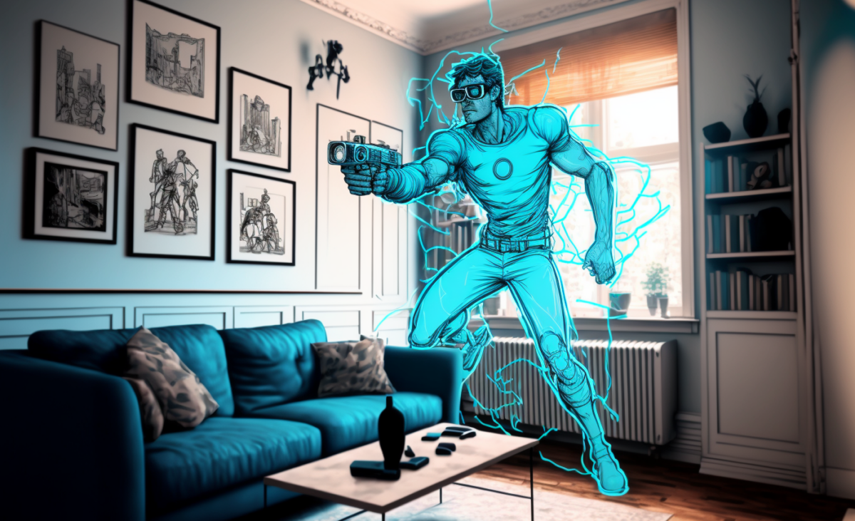 A digital fighter is embedded in the real living room. He stands half behind the couch and aims a gun. He is surrounded by a blue glow.