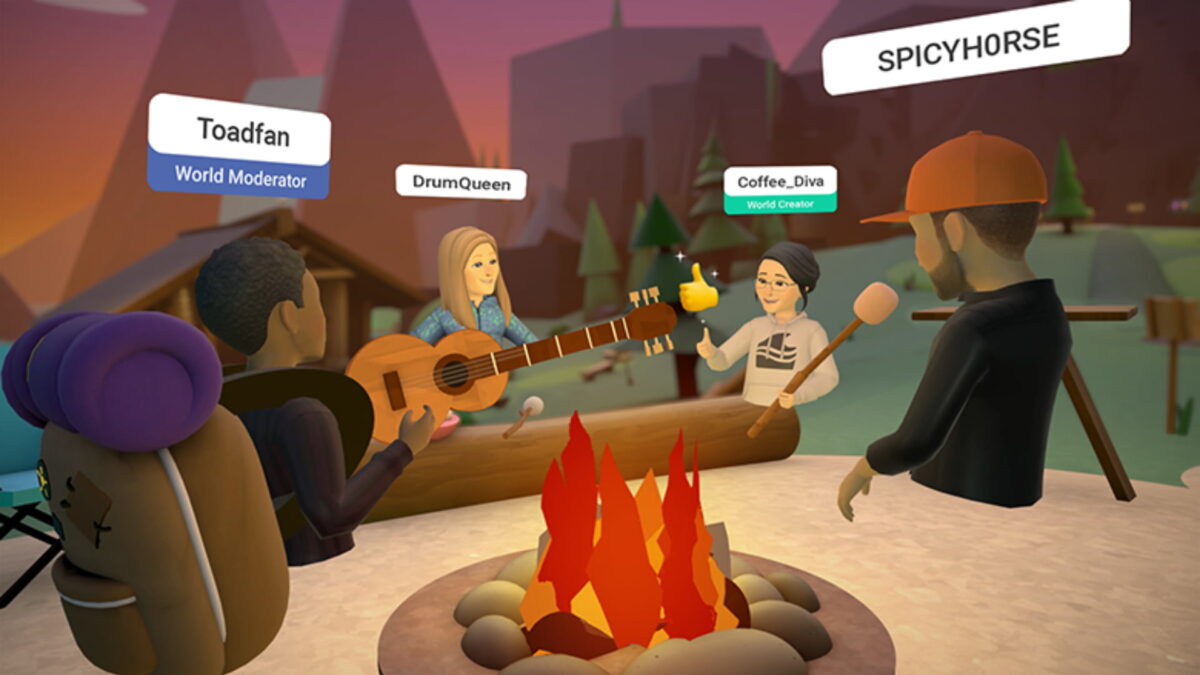 A group of avatars sit around a virtual campfire in the social VR app Horizon Worlds.