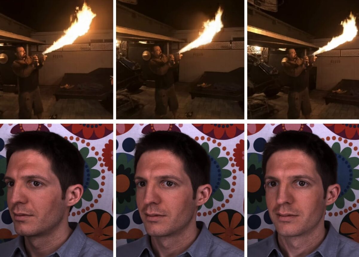 Frame-by-frame scenes from Vides in two rows. The top row shows a man with a flamethrower, the bottom a man's head slowly turning towards the camera. The series of images is intended to show how a video can be viewed from different perspectives thanks to Hyer Reel.