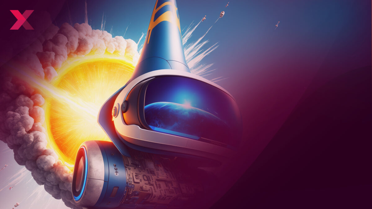 A launching rocket in the form of Playstation VR headset.