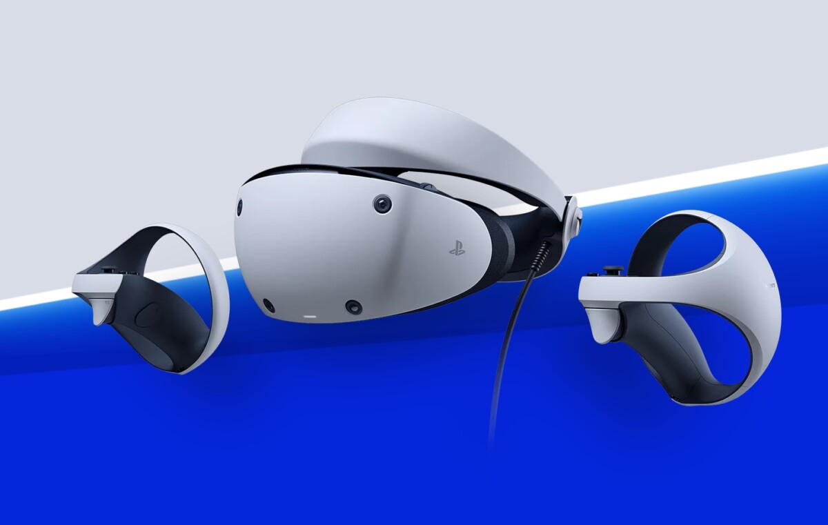 Auriculares Playstation VR 2 sobre un fondo azul y blanco.