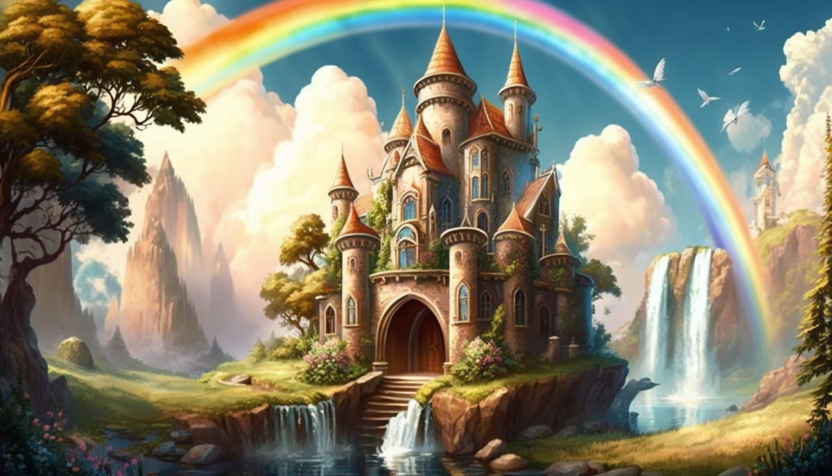 A storybook castle is surrounded by beautiful clouds, waterfalls, and a rainbow.