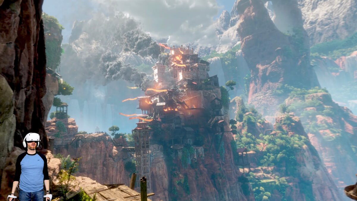 A burning mountain village from Horizon Call of the Mountain. Below left, the visibly impressed Youtuber.