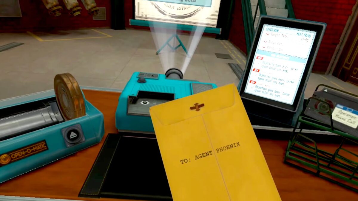 Briefing room of the VR game with desk, projector and secret message in a big envelope.