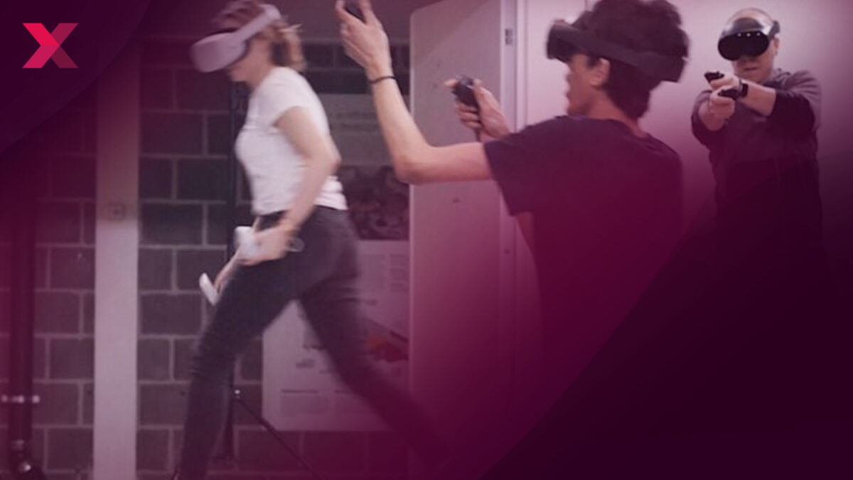 People walk around the room wearing VR headset, the picture shows Meta's local multiplayer.