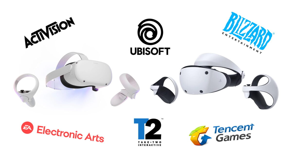 Meta Quest 2 and Playstation VR 2 against a white background surrounded by publisher logos.
