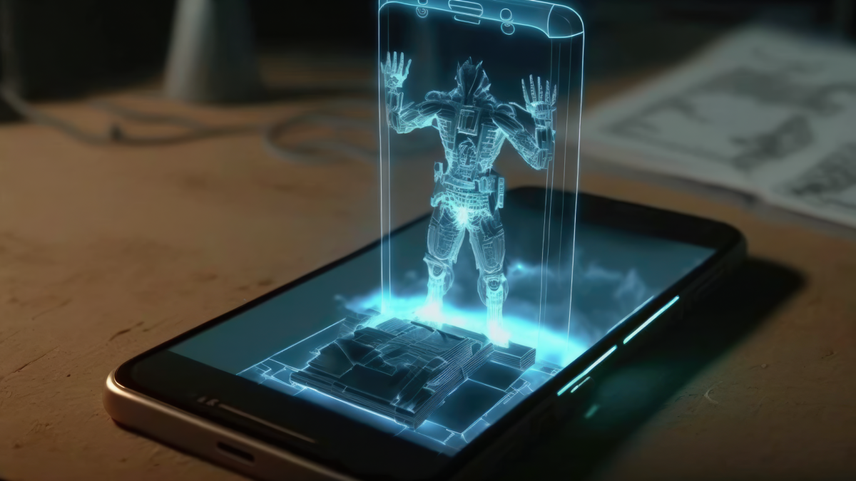 Smartphone on a table, a hologram with a humanoid figure comes out of the screen