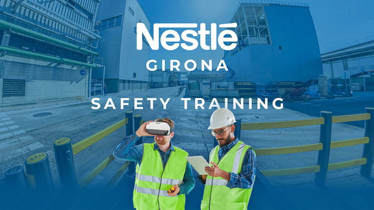Two Nestlé employees in front of the background of the factory in Girona, one of them has VR headset on, the text in the picture reads: Nestlé Girona, Safety Training