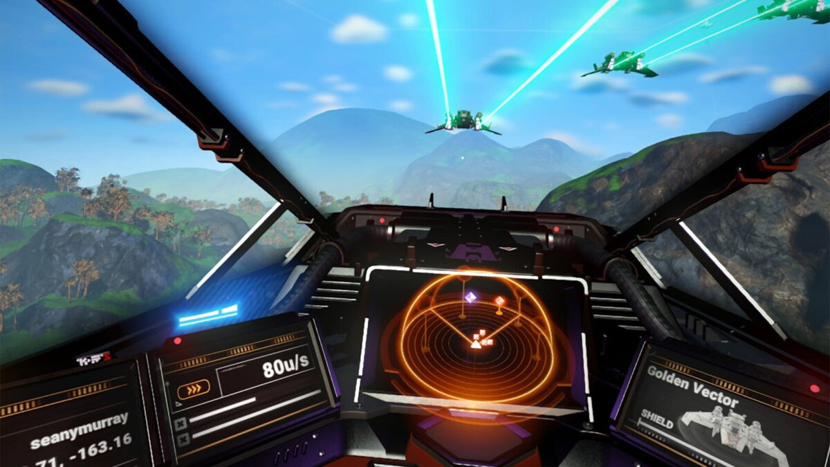 The cockpit view in a spaceship in the video game No Man's Sky VR.