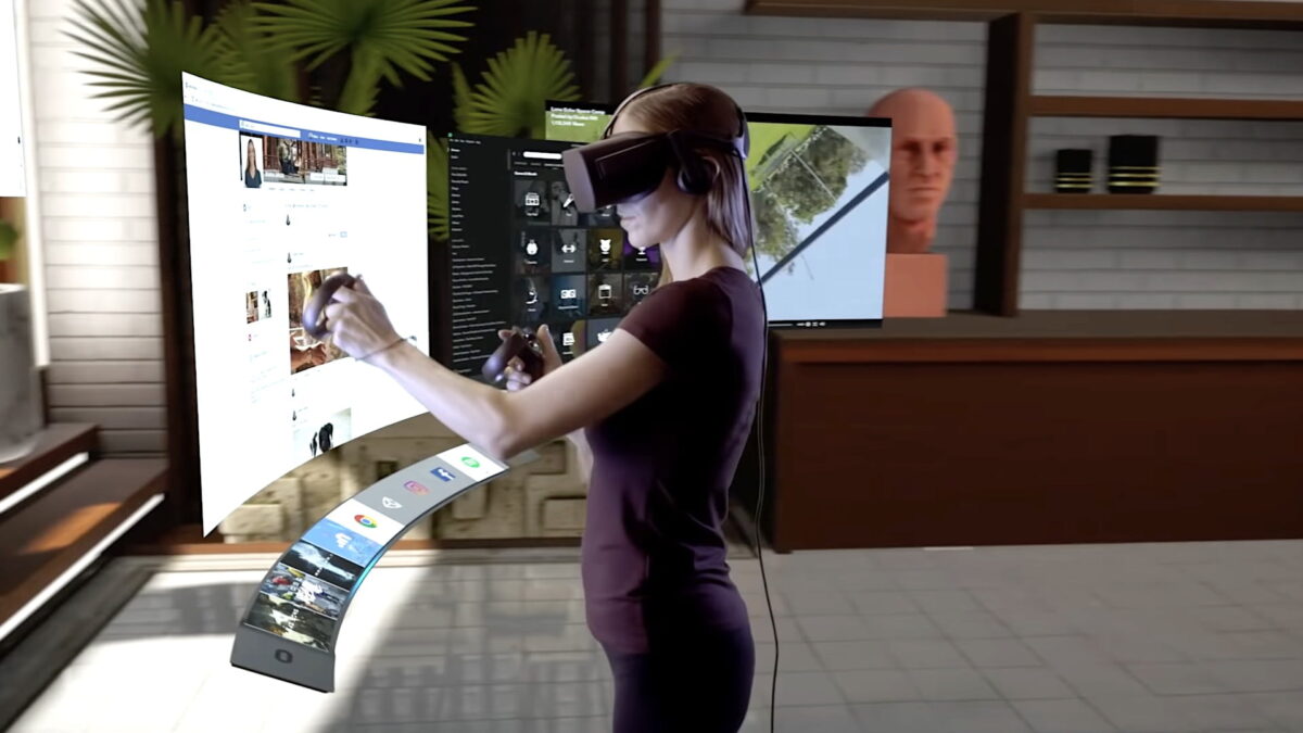 Women with Oculus Rift interact with Oculus Dash in a virtual living room.