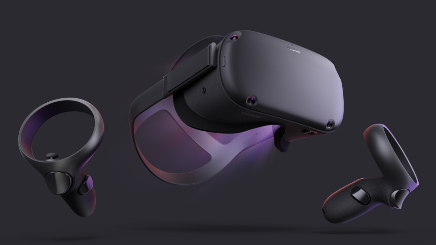 Oculus Quest 1 in black against a dark background with both controllers.