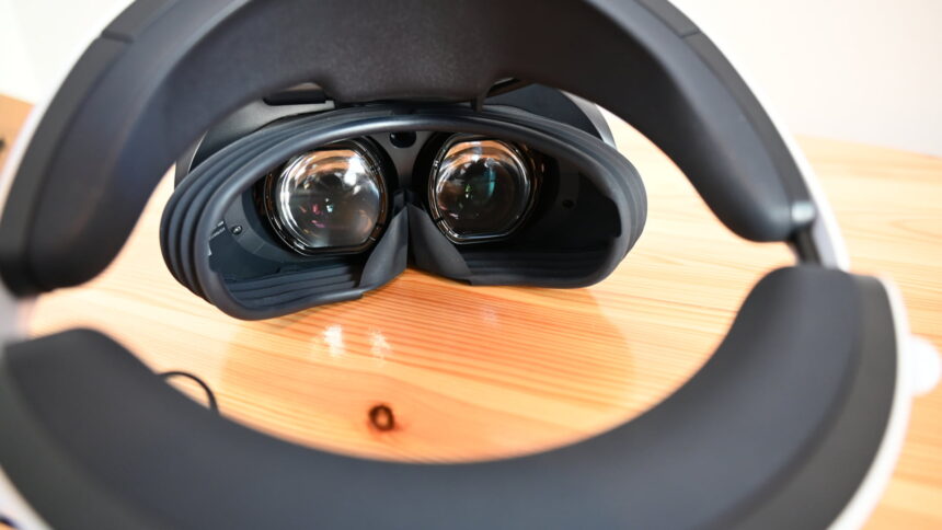 VR headset Playstation VR 2 view of the lenses through the Halo head mount