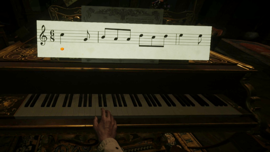 Virtual hands play on the keyboard of a grand piano.