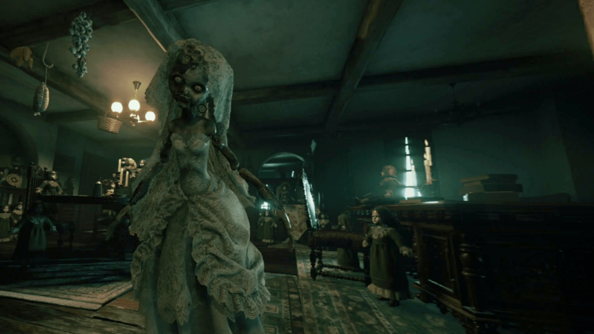 A small killer doll in a white dress rushes towards the camera in the doll maker's house.