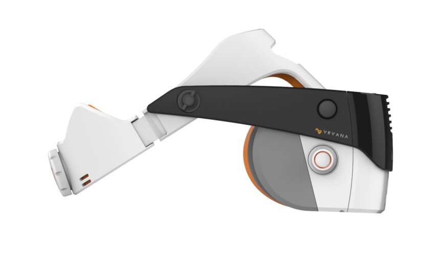 A rendering of the mixed reality headset showing the device from the side.