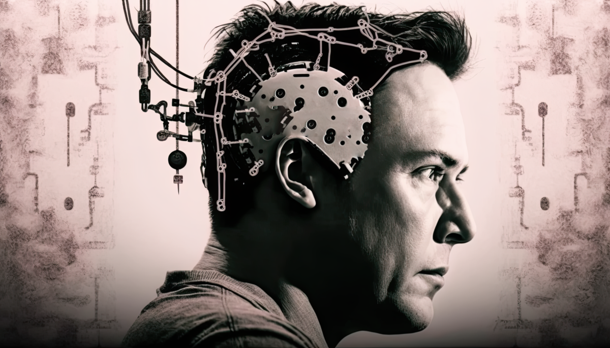 Rendering of Elon Musk with a brain implant.