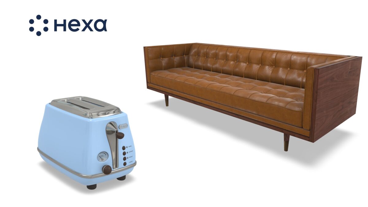 3D models of a sofa and a toaser appear below the Hexa logo.