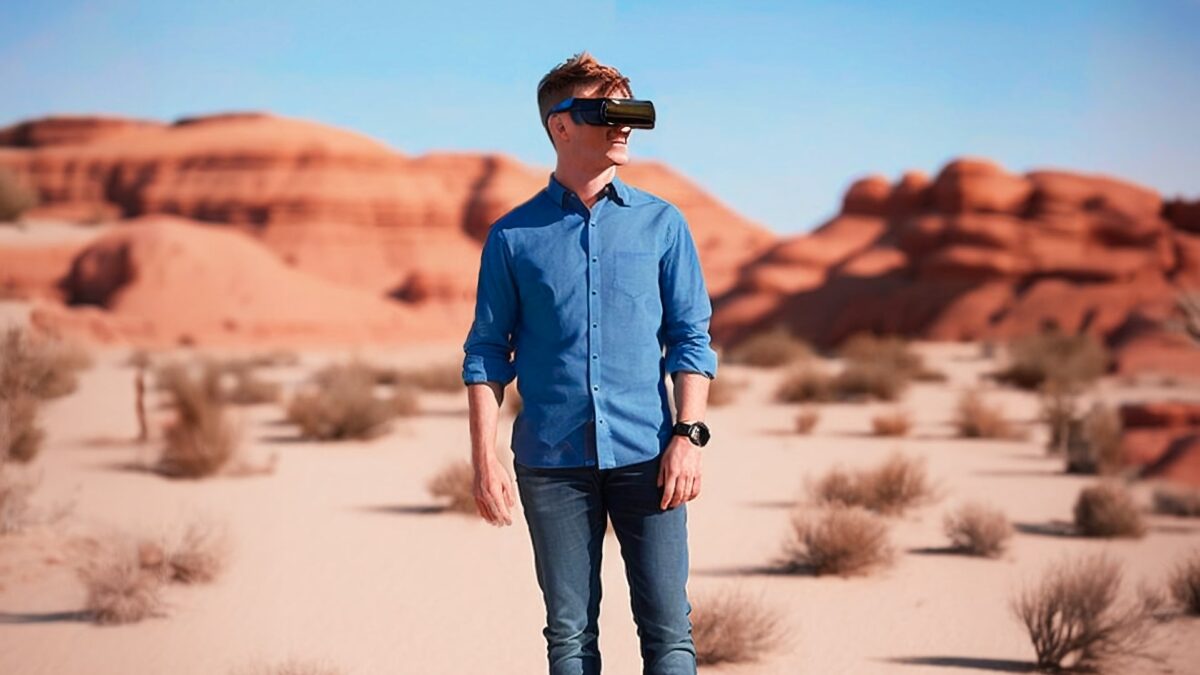 VR gamer standing in a desert wasteland.