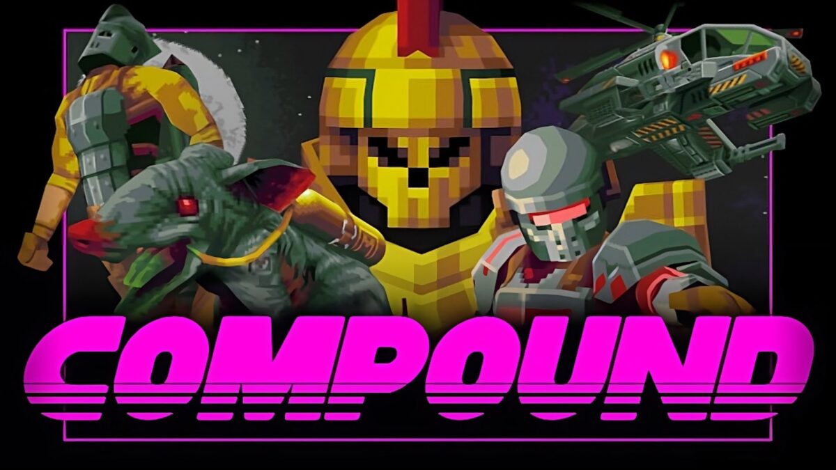 The artwork of the VR game Compound with neon-colored lettering and opponents from the game.
