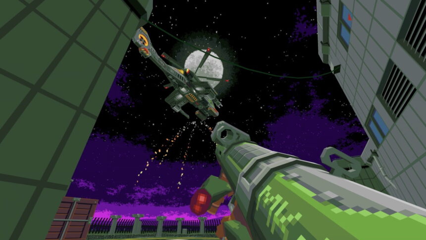 Retro pixel look: The player aims a rocket launcher at a helicopter. Behind him the full moon.
