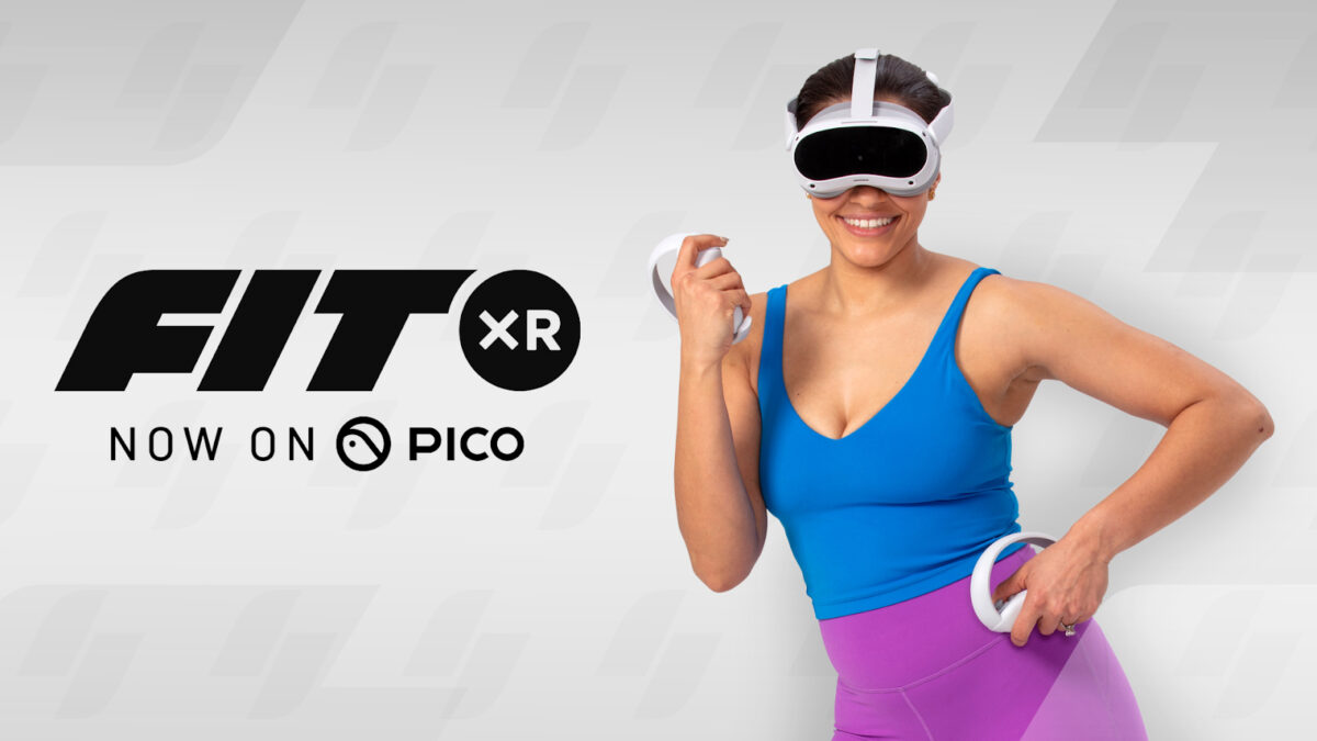 A woman wearing a Pico VR headset poses beside the FitXR logo.