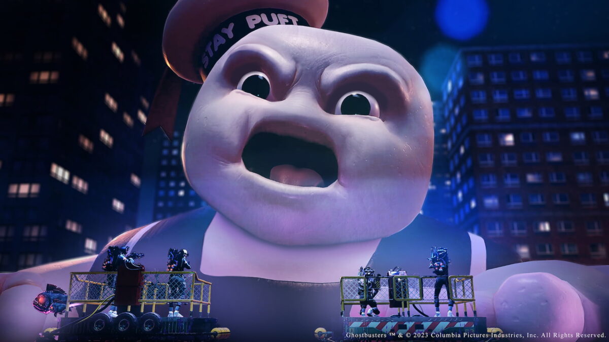 The marshmallow man with open mouth towers over two platforms with VR player:inside.