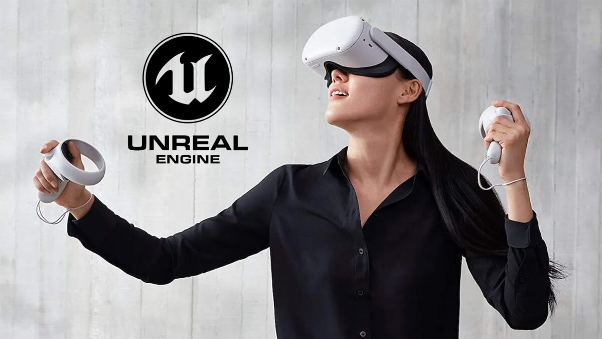Woman playing with Meta Quest 2. Next to her the Unreal Engine logo.