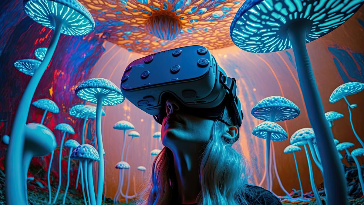 Woman with VR headset in colorful world of giant mushrooms