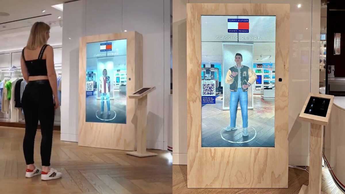 On the left, a woman looks at herself in an AR mirror. On the right is the image of a man in an AR mirror.