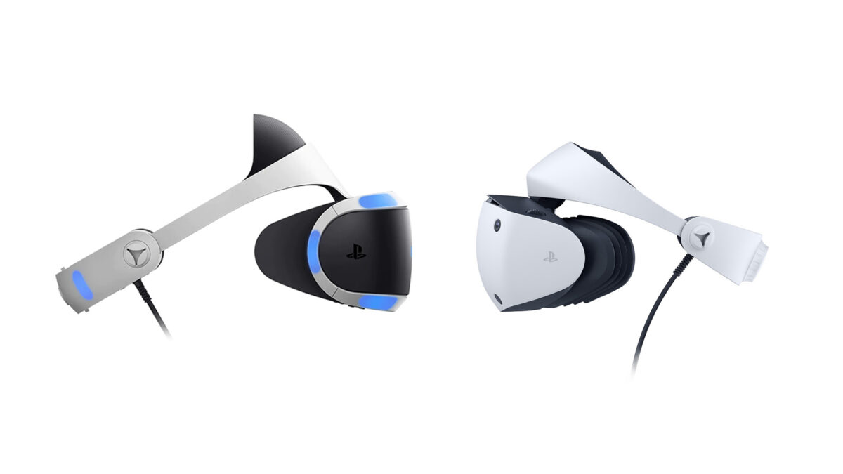 PSVR 1 and PSVR 2 float "eye to eye" in front of a white background.