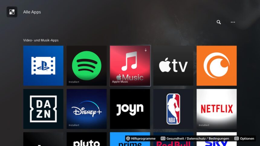 A selection of media apps in the Playstation 5 menu.