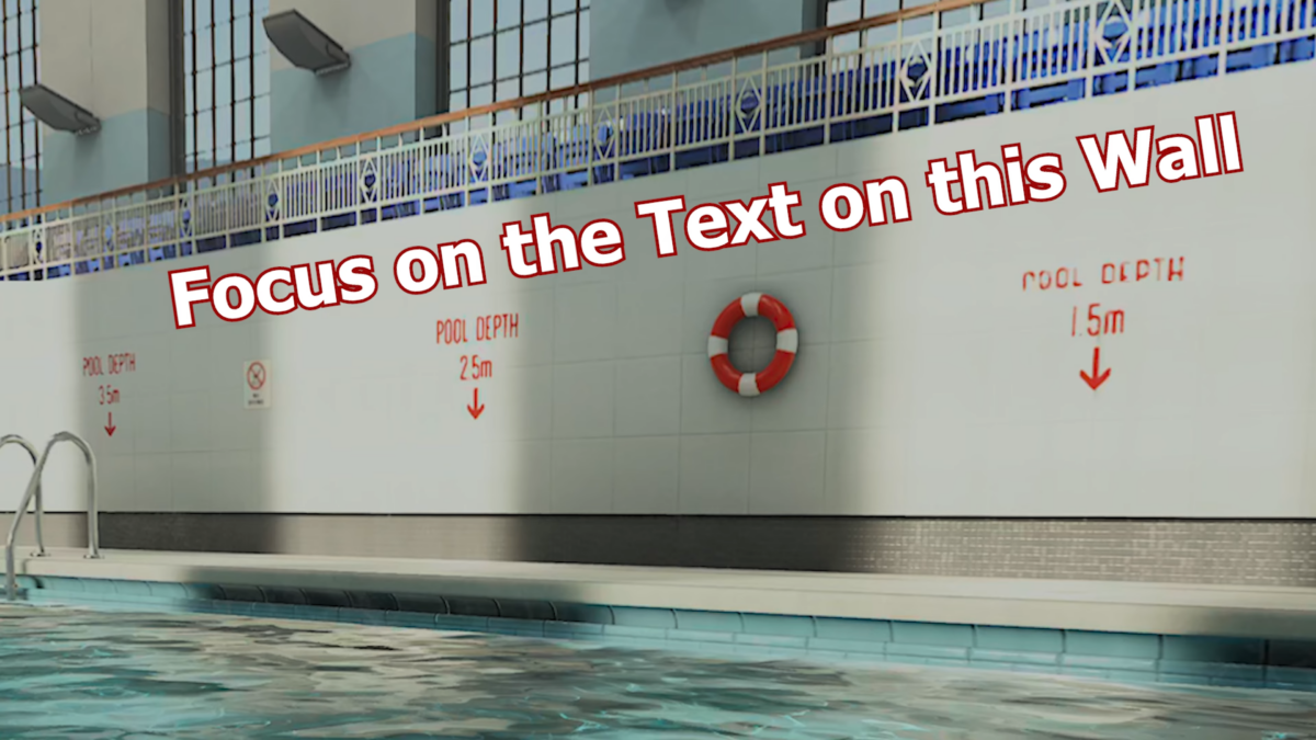 A still from a video by Brad Lynch showing a scene from a video game. You see a wall in a swimming pool with writing on it that blurs when you look at it too quickly and too brightly. This can cause nausea.