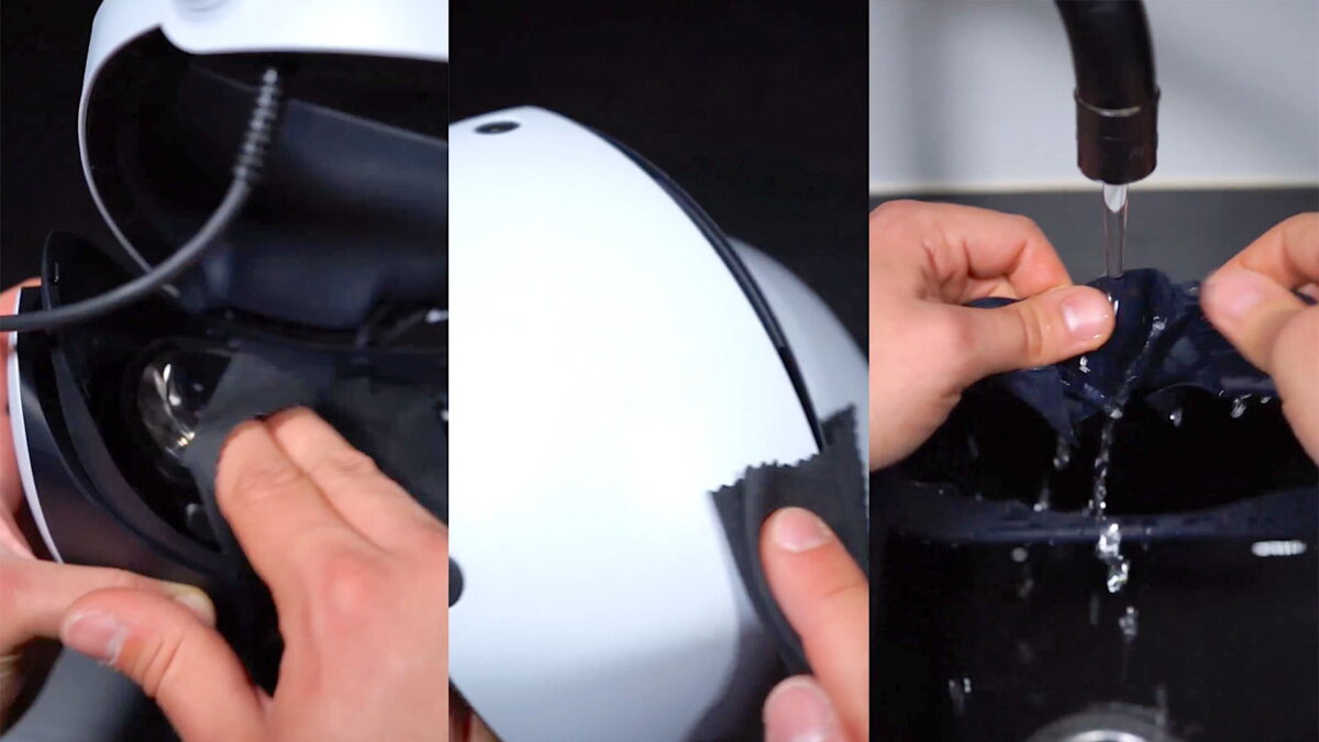 Three clips from Sony's PSVR 2 cleaning video showing how to clean the lenses, cameras, and light shield.