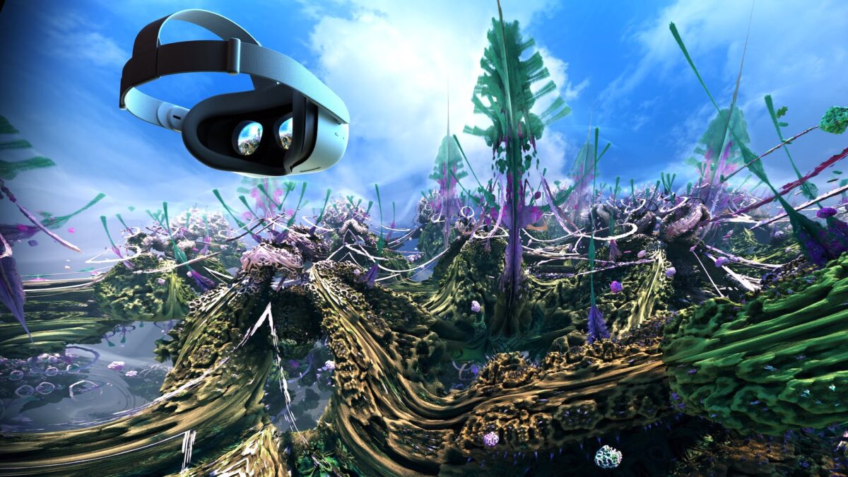 A Meta Quest 2 floats above a blue-green fractal landscape.