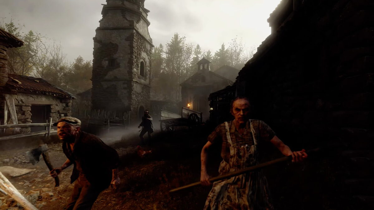 Deux zombies se dirigent vers le joueur dans le village.  Tiré de l'angle.
