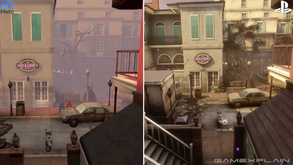 The same game scene (view from the balcony of a house onto a street), once on Meta Quest 2 (left), once on PSVR 2 (right). The latter has significantly more details and better lighting effects.