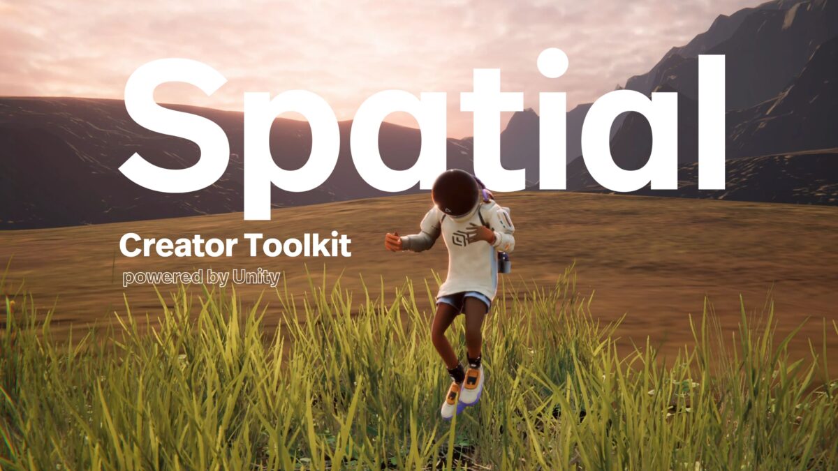 An astronaut in the Spatial Creator Toolkit jumps over a high meadow.