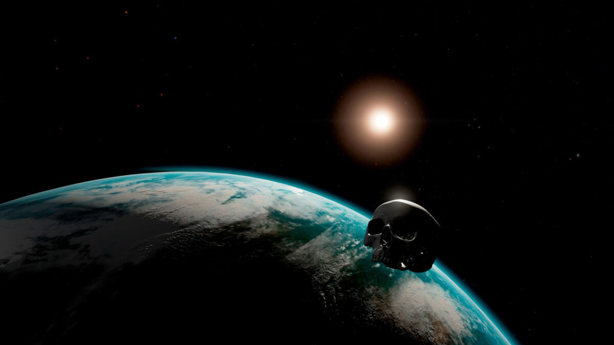 A skull floats in space above the earth.