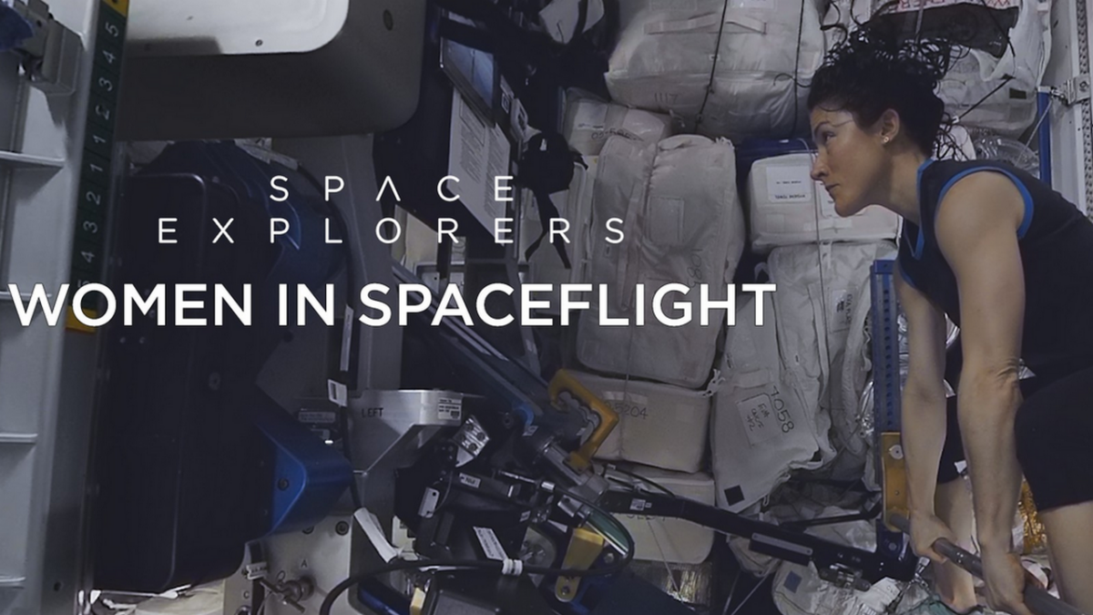 Teaser image for the VR film Women in Spaceflight, a female astronaut floats through the ISS from the right side of the image.