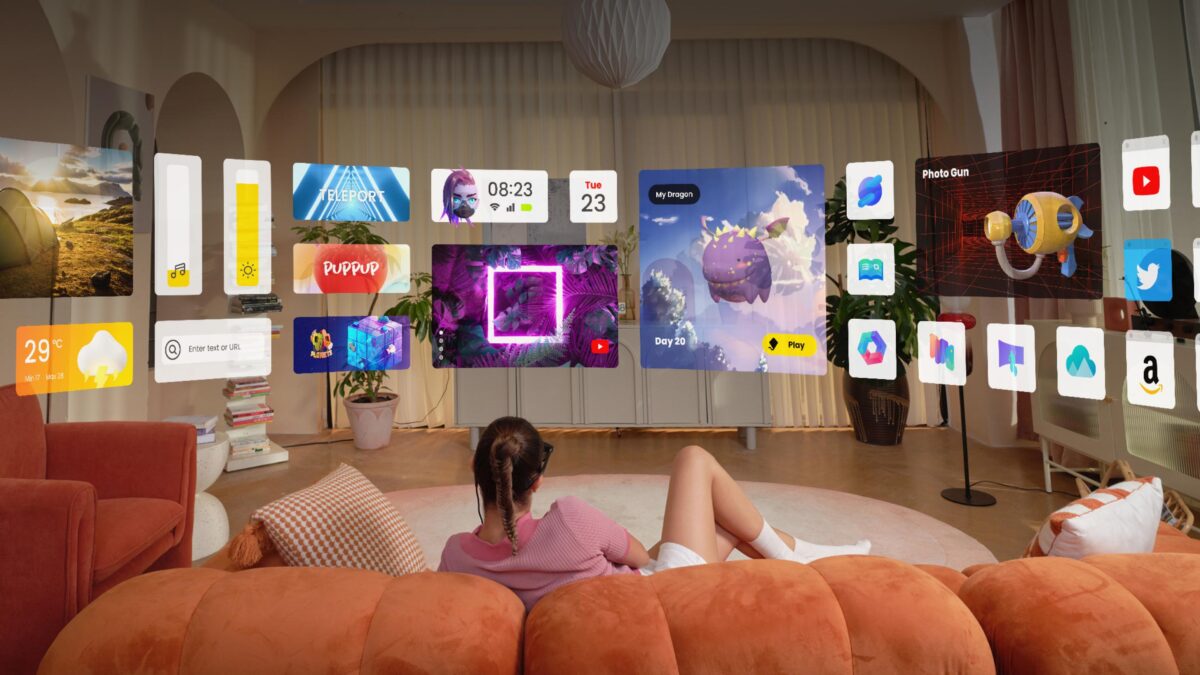 A woman is sitting on a sofa. In front of her, several screens float in space.