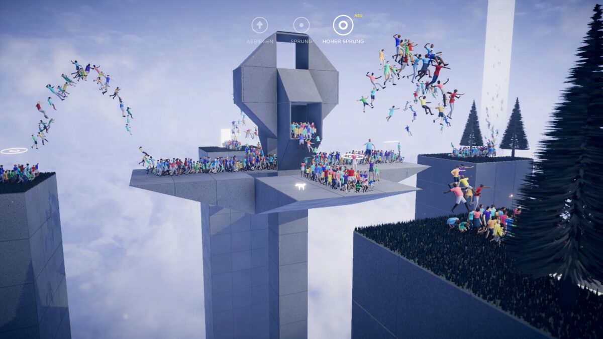 Crowds of people jump over the chasms between surreal platforms.