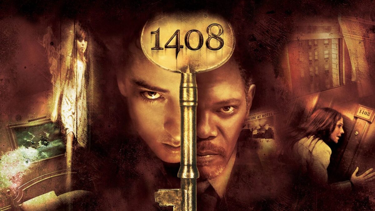 Movie poster of the film 1408: the face of the main characters and scenes from the film, in the center of the picture you can see the key to room 1408.