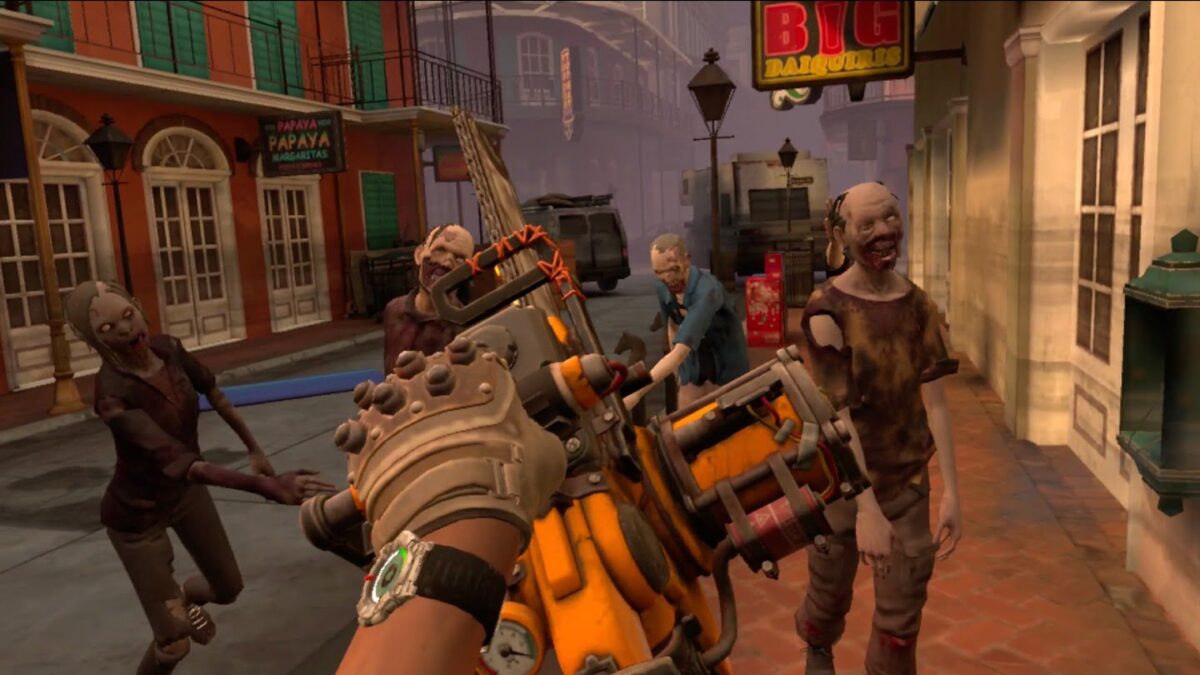 A horde of zombies from the first-person perspective. Two hands hold a chainsaw.