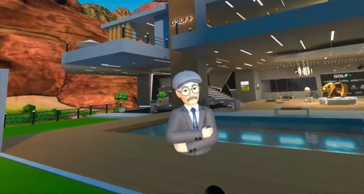 A virtual golf caddie stands in a virtual environment.